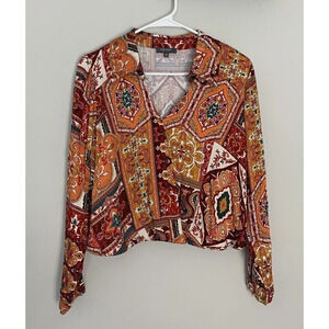 Haute Hippe Women's Boho Long Sleeve, Collared Top Med Cropped Orange Paisley